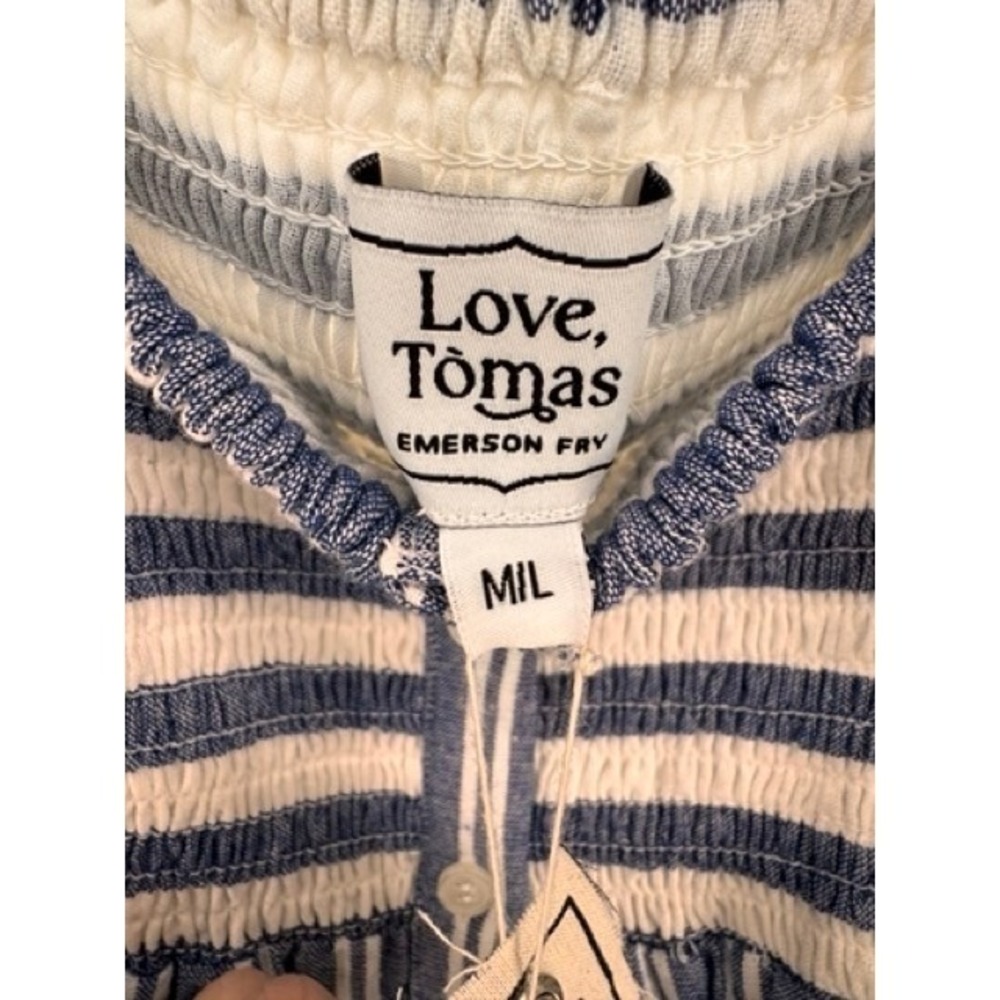 Love Tomas Emerson Fry NEW Striped Blue White Smocked Puff Sleeve Dress MEDIUM - Picture 5 of 9